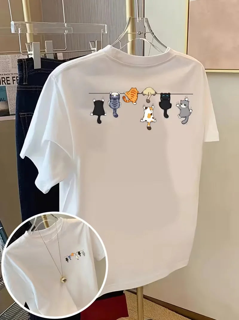 Cat Rope, Cartoon Cats Print Tshirt Short Sleeve Crew Neck Casual Top for Summer Spring, Women's Clothing